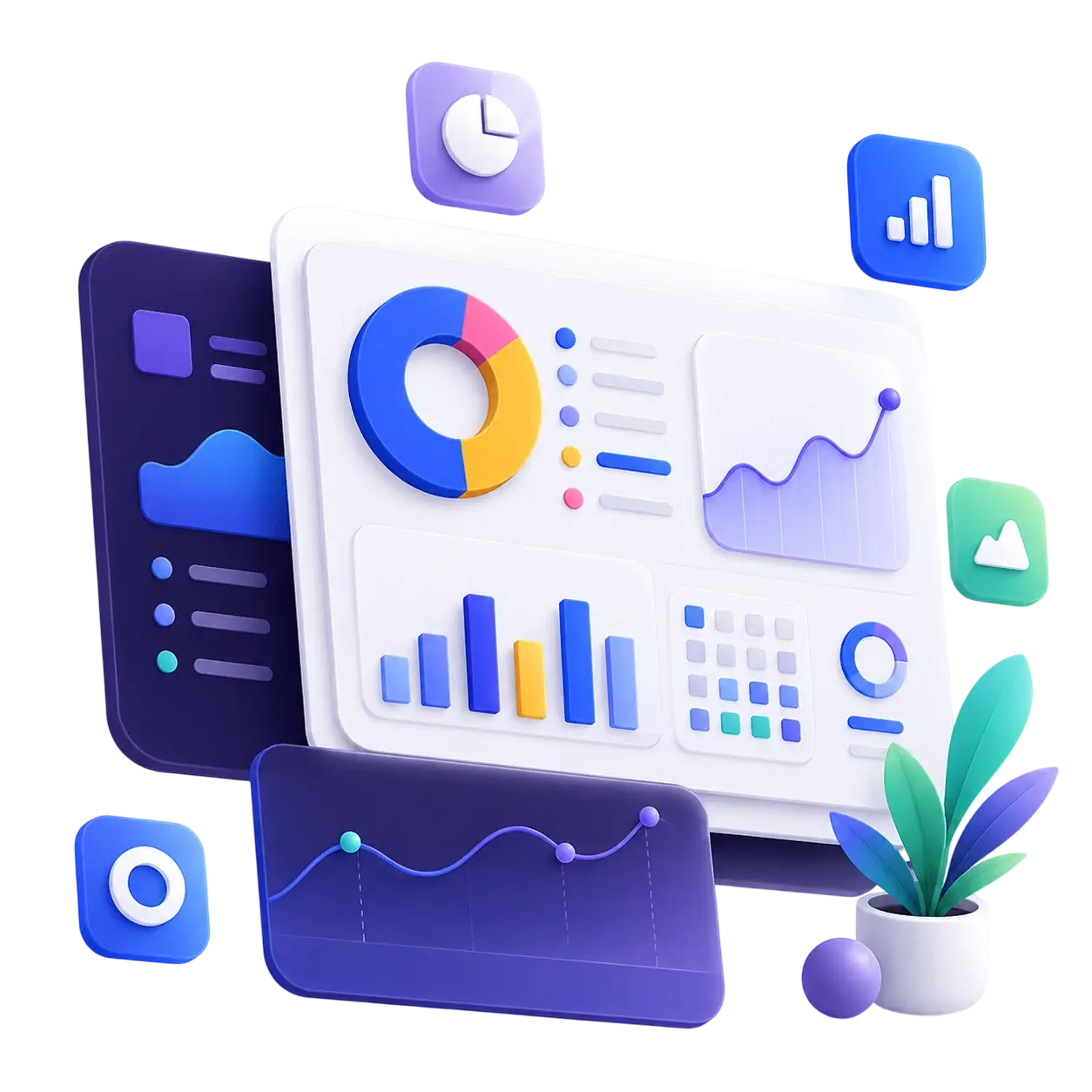 Interface moderne d’analyse numérique avec graphiques, indicateurs et éléments 3D aux couleurs bleu, violet et turquoise.